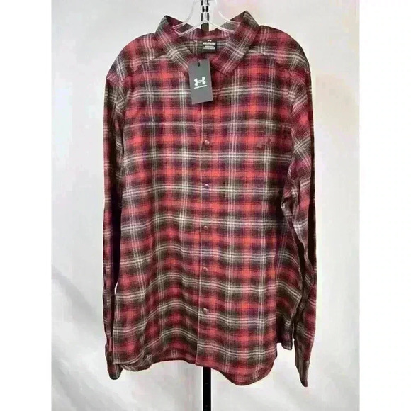 Under Armour Tradesmen Flex Fitted Plaid Flannel Button Down Shirt Size XXL Red‎ - Picture 1 of 7